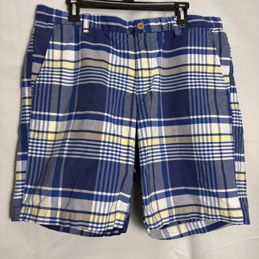 Chaps Mens Blue Yellow Plaid Stretch Cotton Flat Front Shorts Size 36